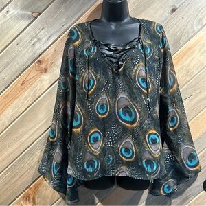 Show Me Your MuMu Peacock Feather Bell Sleeve Lace-Up Sheer Lined Front Blouse